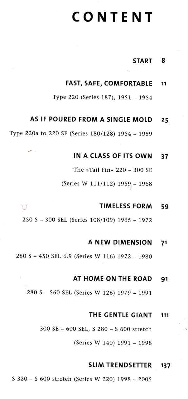 Automotive brochure contents page with section headings and page numbers