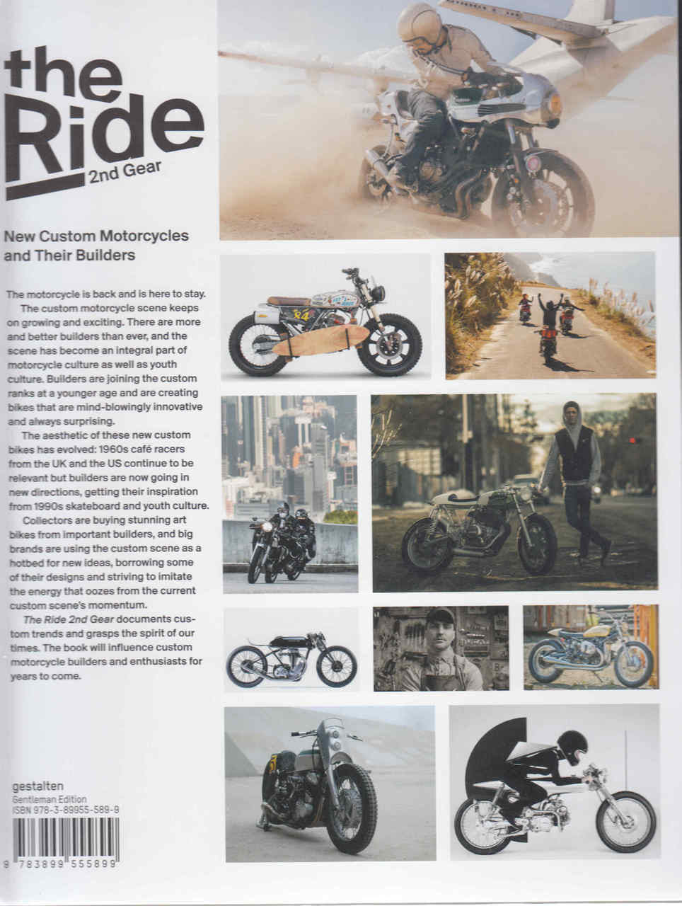 Motorcycle photography book spread with small images of custom bikes on pages