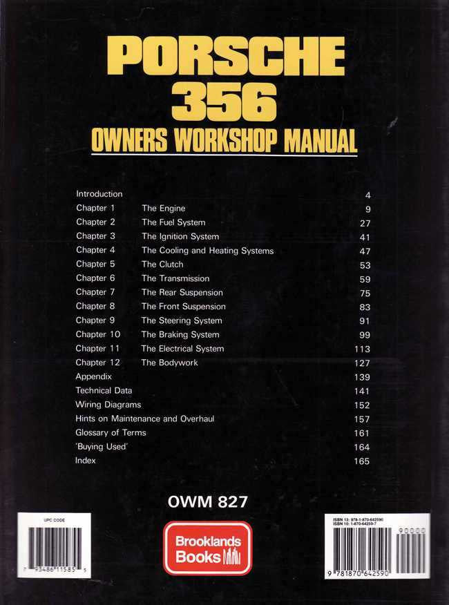 Porsche 356 owners workshop manual back cover with contents list and OVM 827
