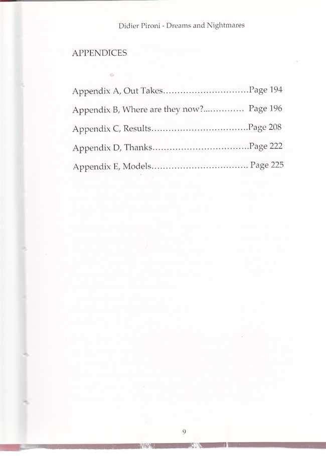Book appendices page with headings A through E and page numbers