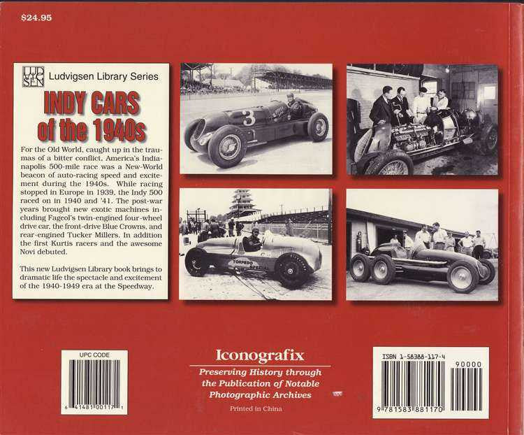 Indy Cars of the 1940s book back cover with photo collage and barcode labels