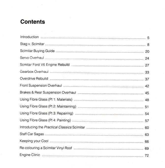 Vehicle restoration guide book table of contents with section titles and page numbers