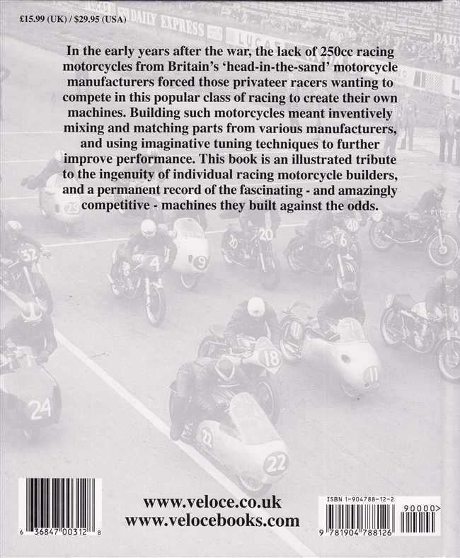 Racing motorcycles book back cover with text and faded photo collage of riders
