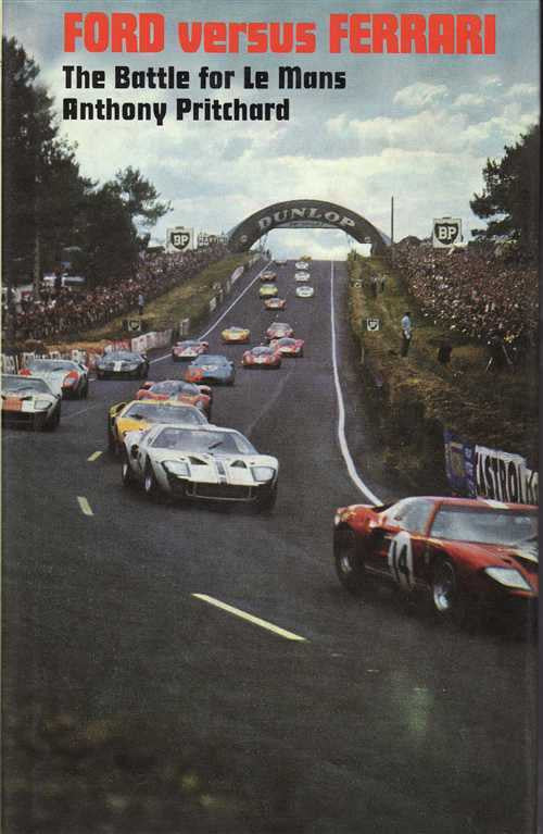 Motor racing book cover with cars on track and red 'FORD versus FERRARI' title