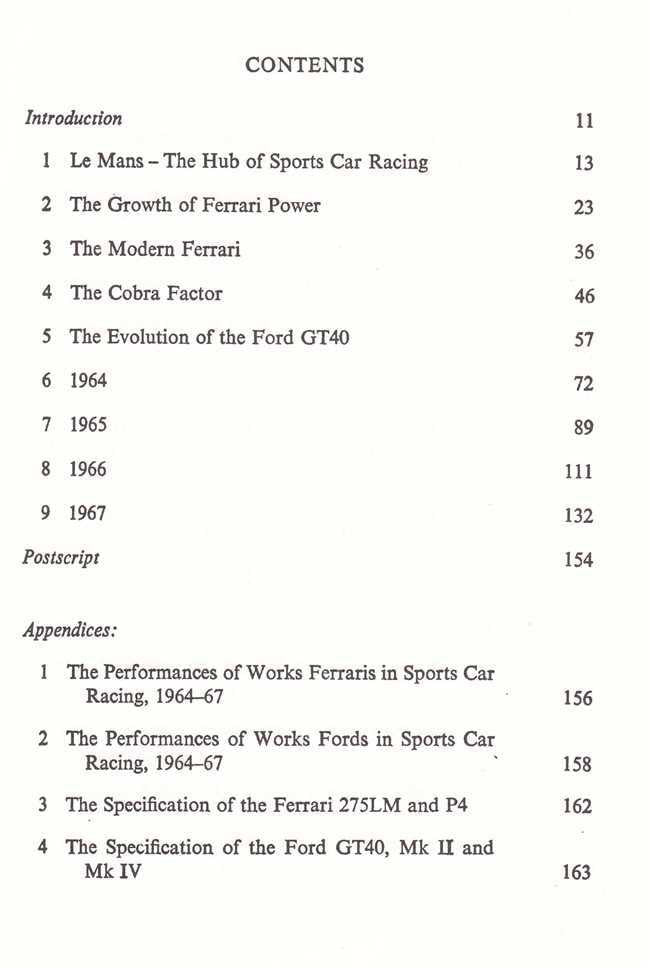 Motor racing book contents page with numbered chapters and page numbers