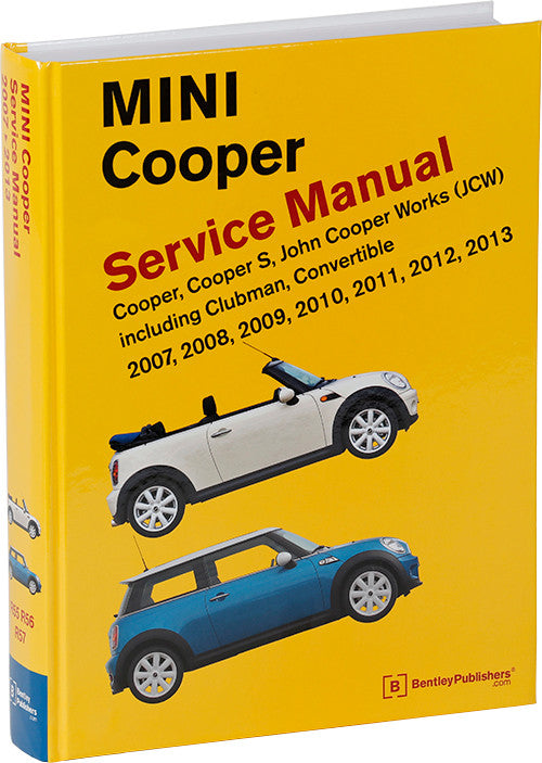 MINI Cooper service manual book with yellow cover and car cutaways