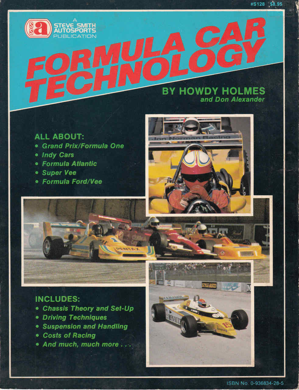 Formula car technology book cover with race car photos and title typography