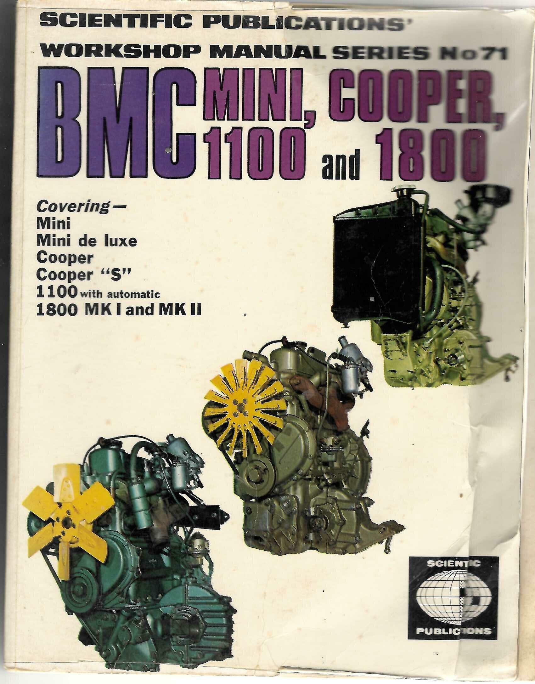 Workshop manual book cover for BMC Mini Cooper 1100 and 1800, Series No. 71