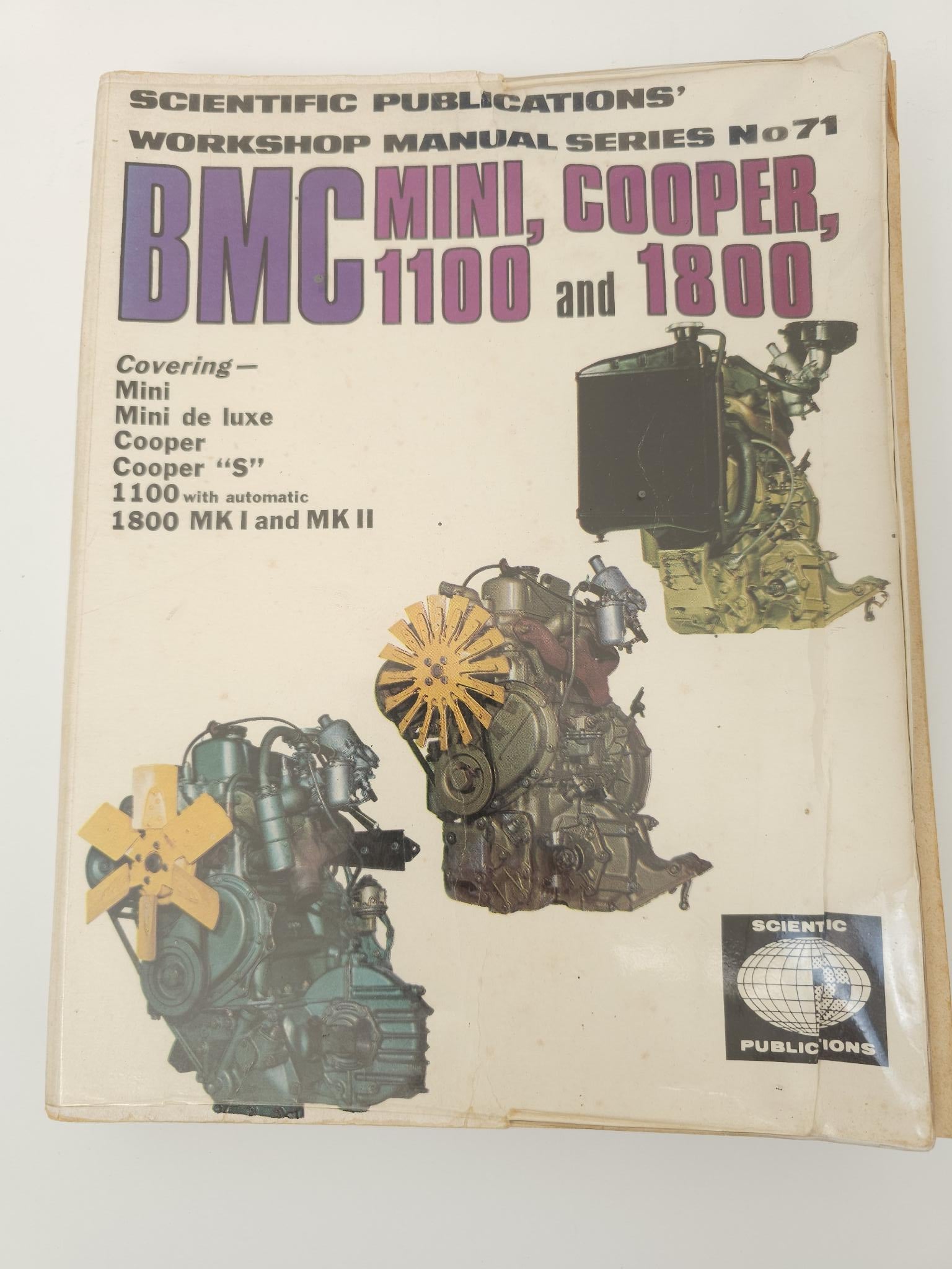 Workshop manual cover, Series No. 71, BMC Mini Cooper 1100 and 1800 with engine art