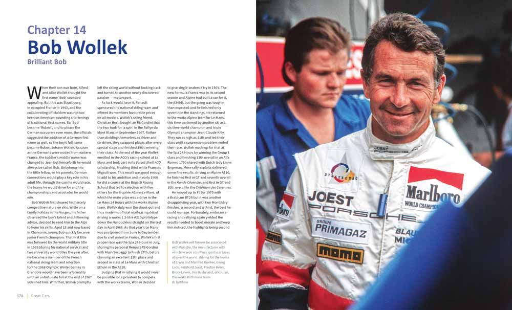 Book chapter page with Bob Wollek portrait in white and red racing suit