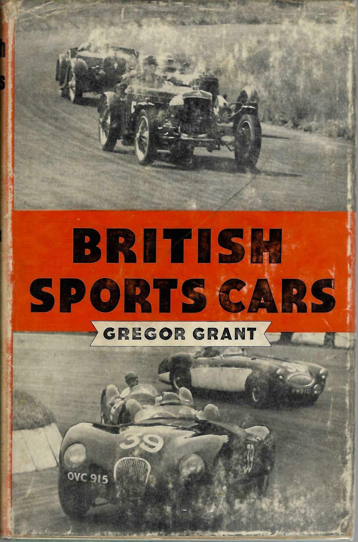 Book titled British Sports Cars by Gregor Grant, with vintage car photo cover.