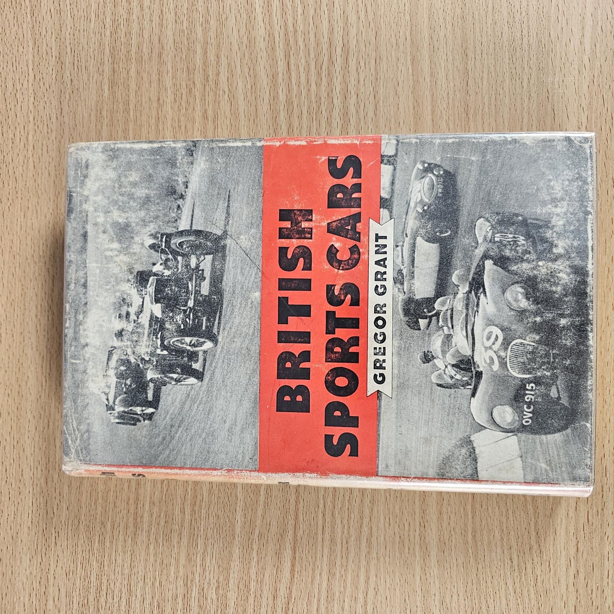 Vintage automotive book cover, British Sports Cars with red title strip and black photos.