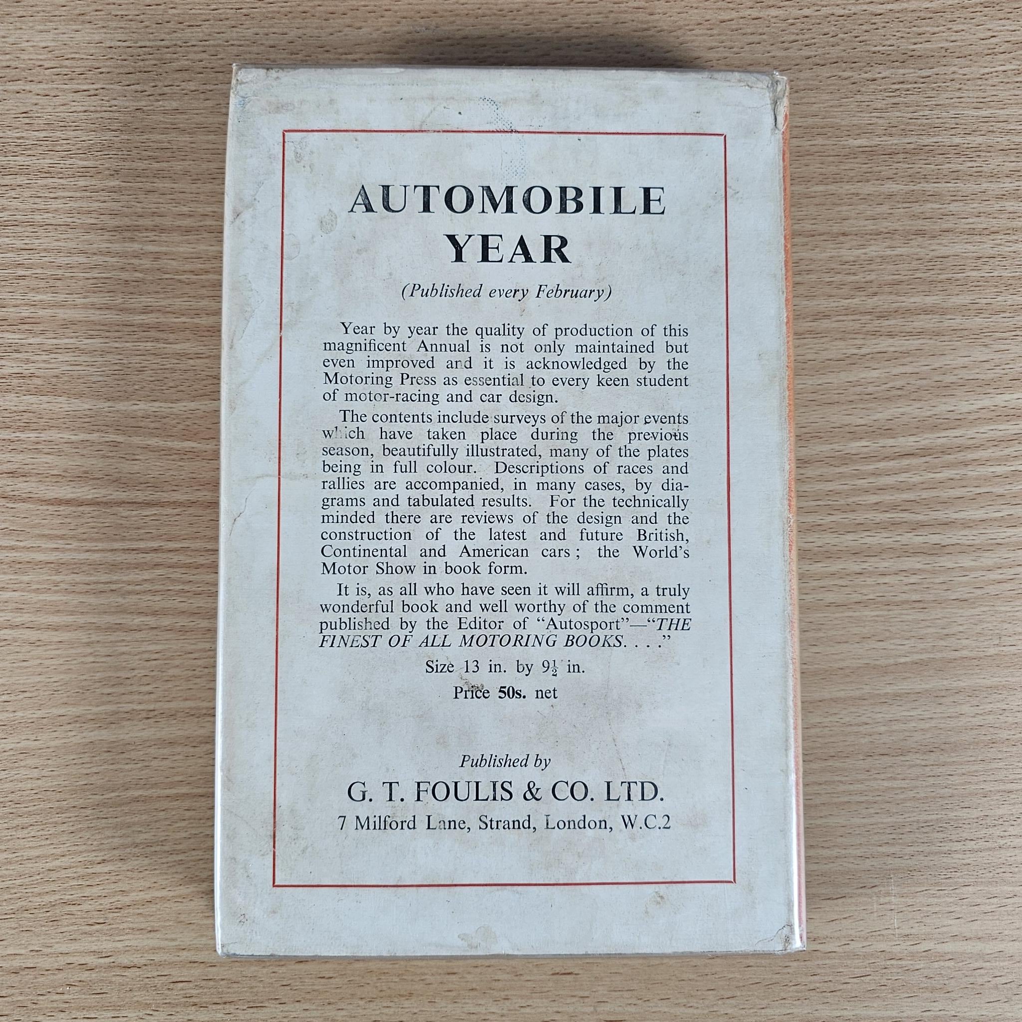 Book back cover with boxed text headed “AUTOMOBILE YEAR” and publisher details.