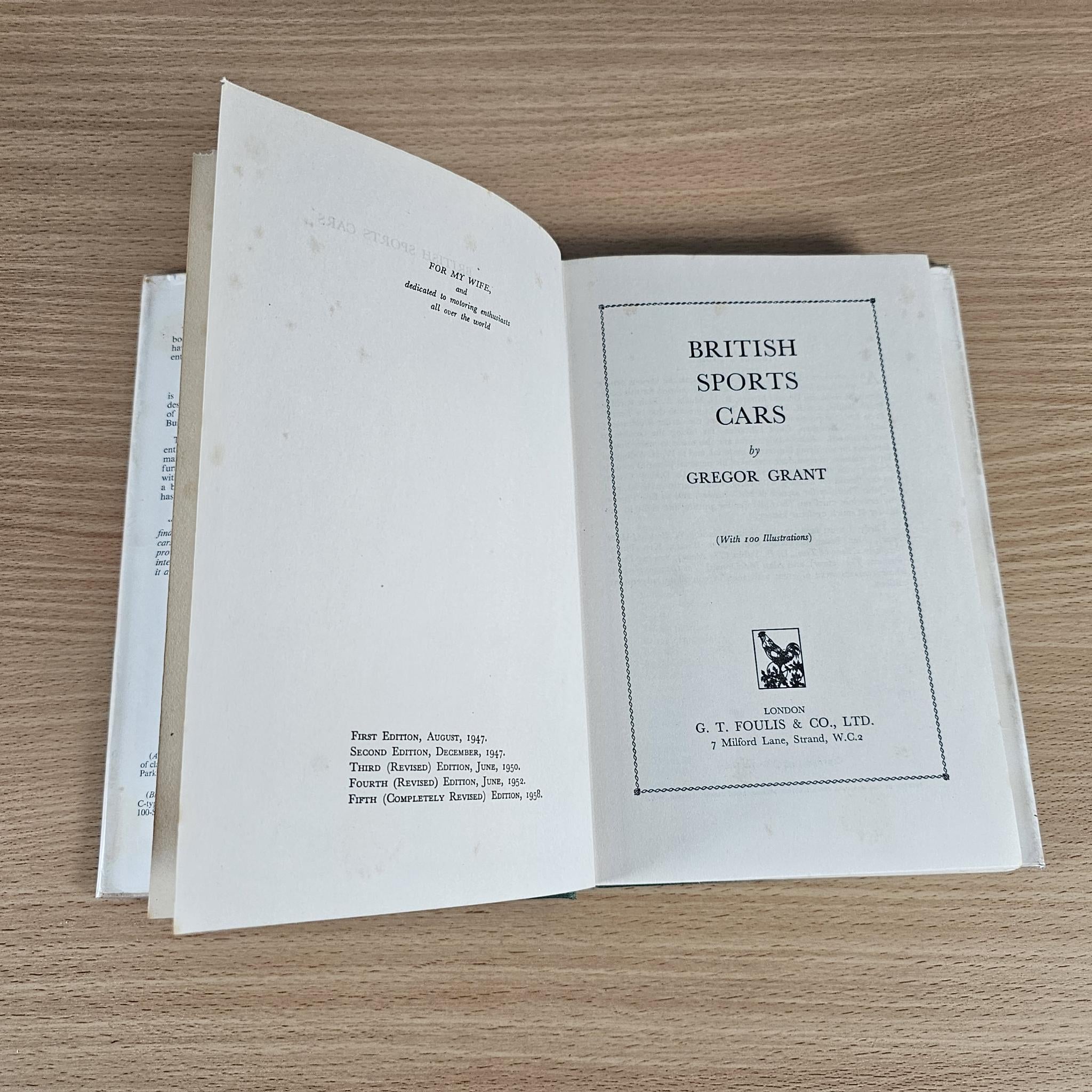 Open book showing front matter page titled British Sports Cars by Gregor Grant.