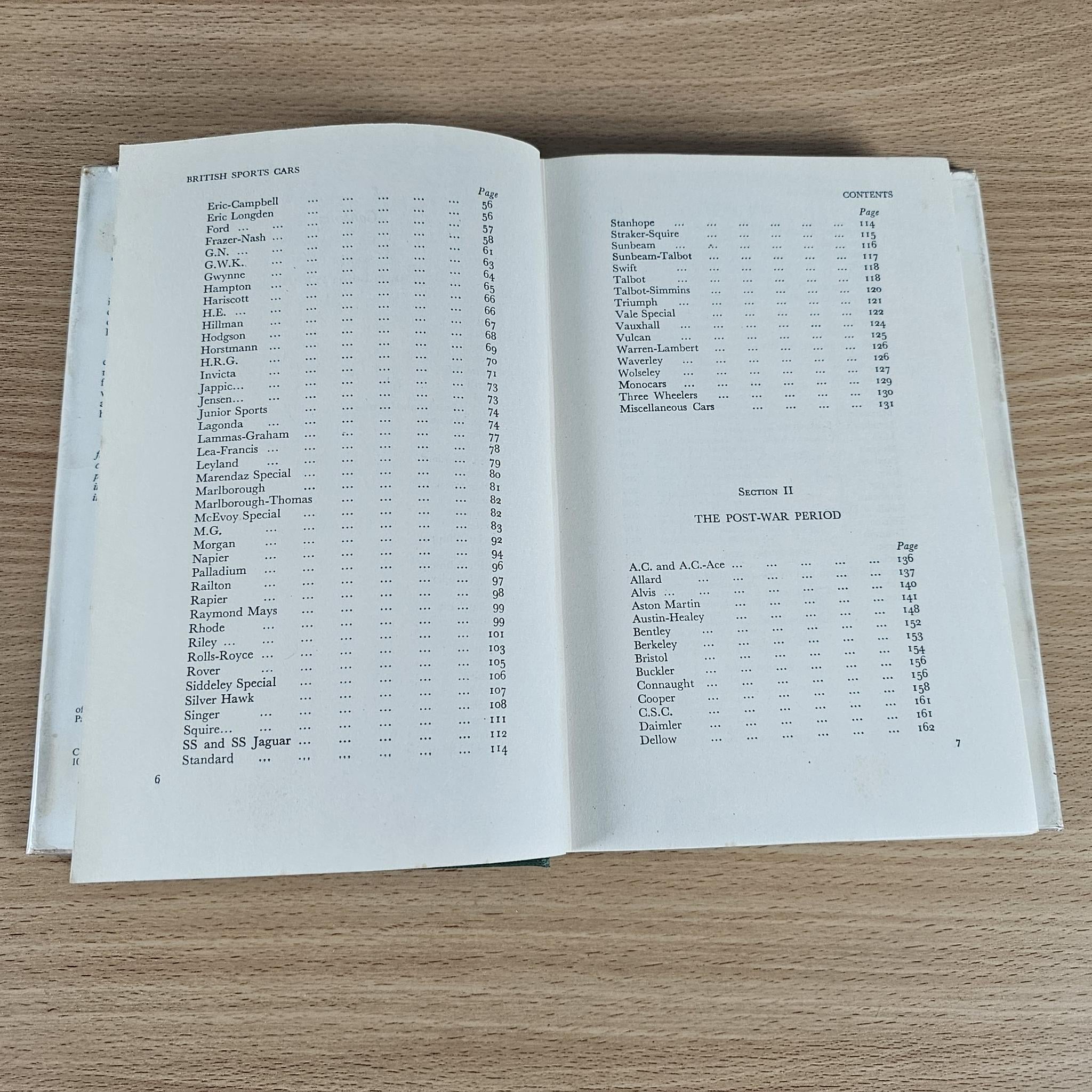 Open book spread with table listings under “Contents” and “The Post-War Period”.