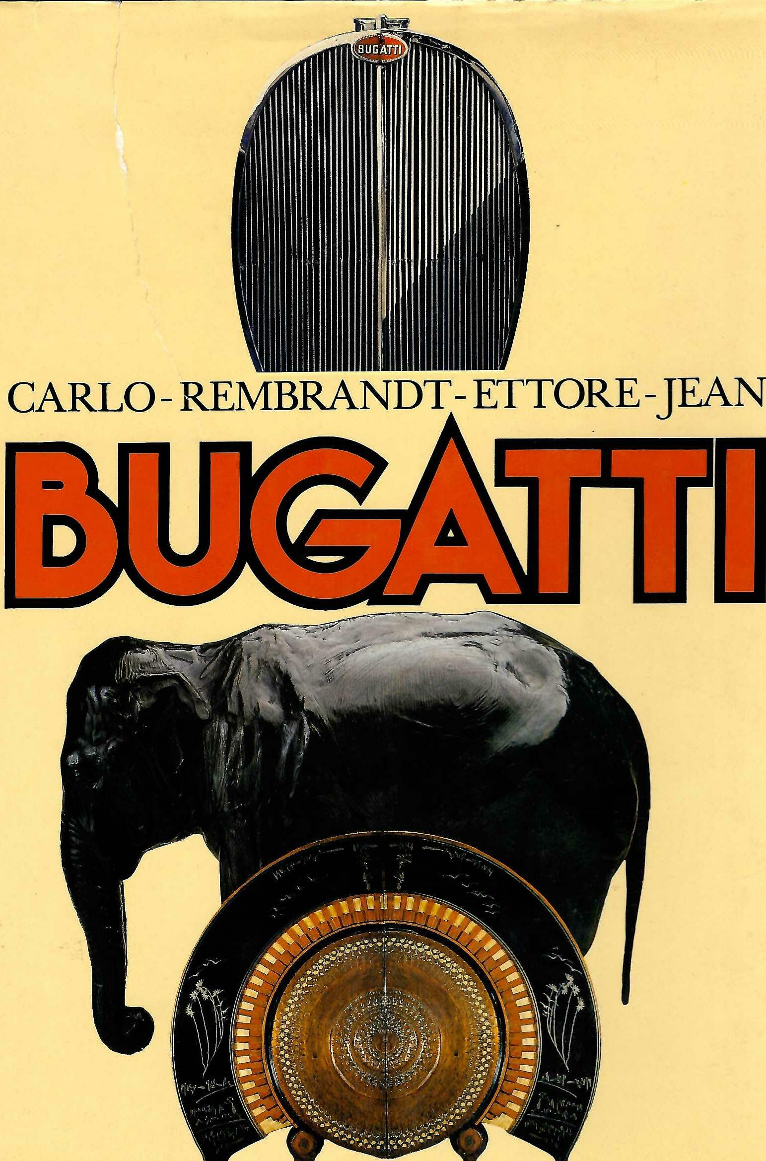 Vintage Bugatti hardcover book with blue circle artwork and large multicolor BUGATTI title.