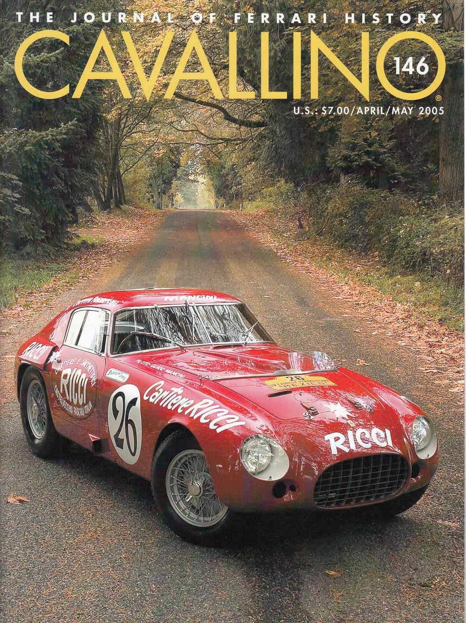 Ferrari history magazine issue 146 cover with red classic race car on road