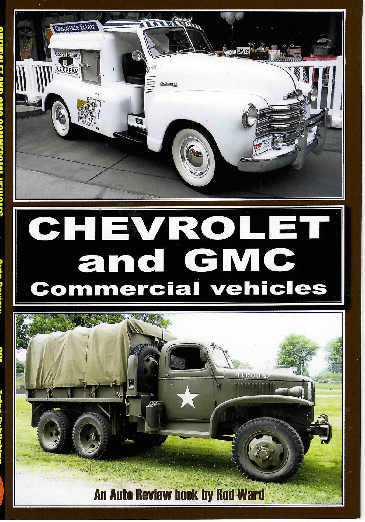 Auto review book cover with classic Chevrolet and GMC trucks, commercial vehicles