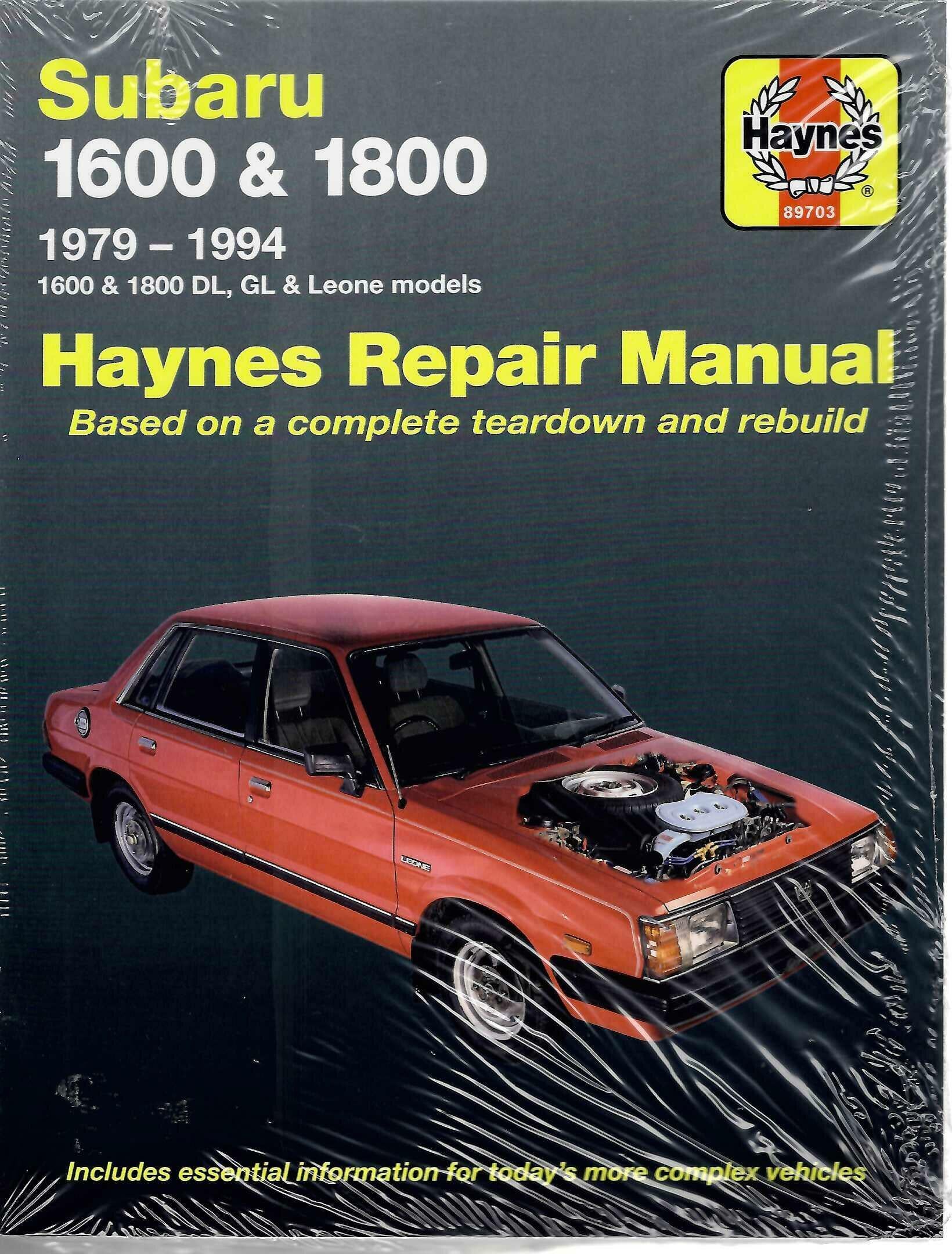 Haynes Subaru 1600 & 1800 repair manual with orange car cover and model range