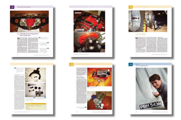 Jaguar DIY restoration and maintenance book pages open, with diagrams and photos