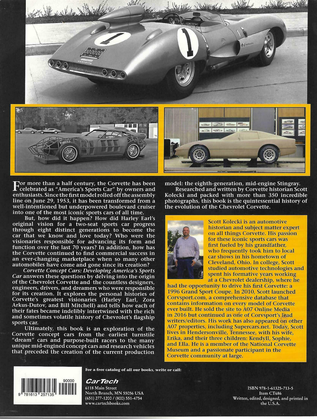 Paperback book back cover with two Corvette concept car photos and author biography