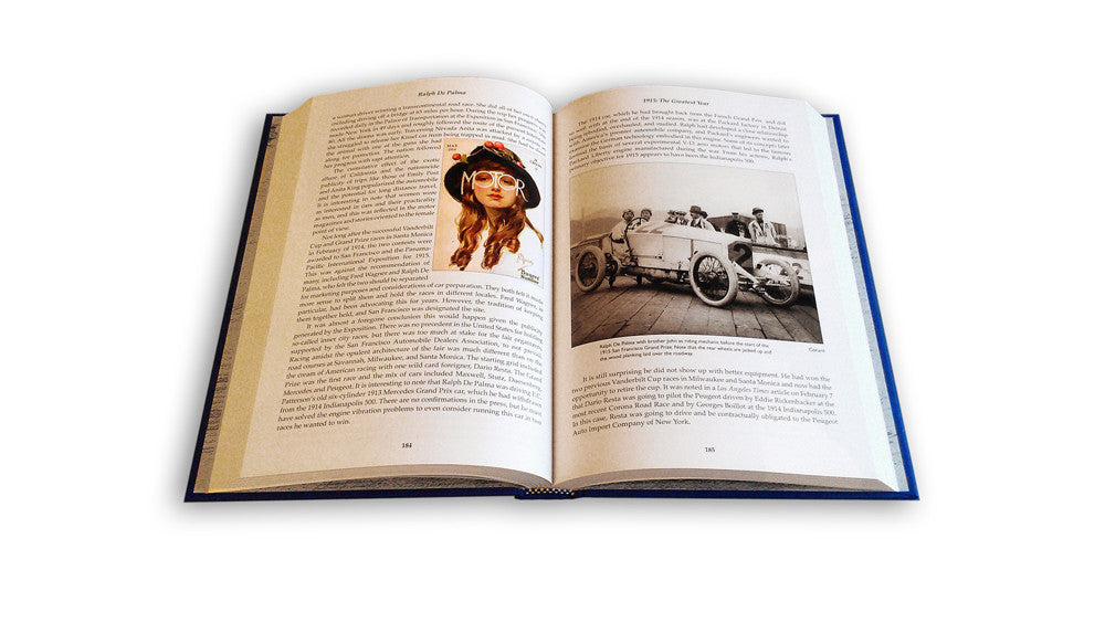 Open book with printed pages and vintage race car photos on the right page