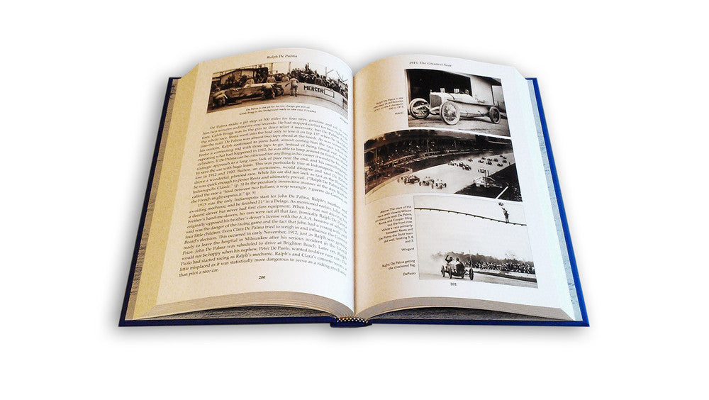 Open book spread with vintage racing photos and printed captions on two pages