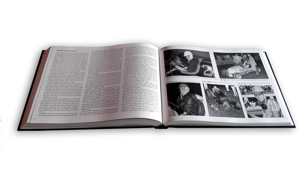 Open book spread with dense text columns and grayscale racing photos