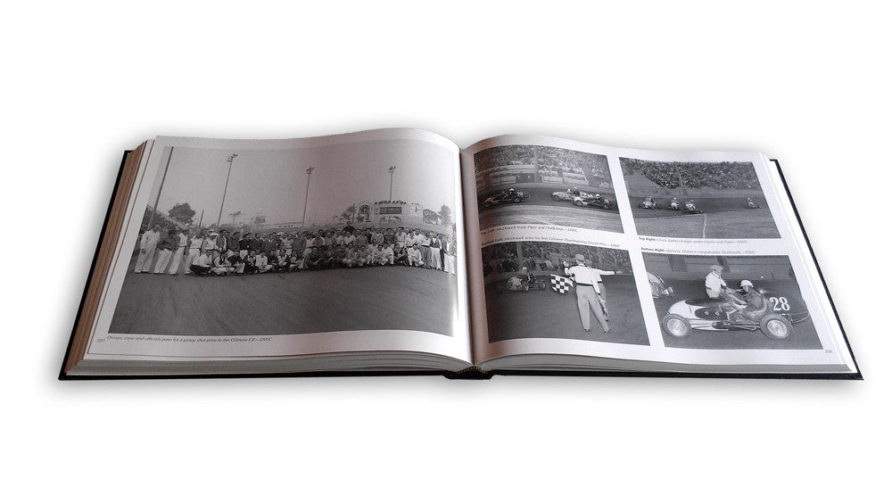 Open book spread with grayscale event photos and captions in right-hand pages