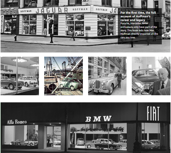 Black-and-white collage of classic cars and car showroom storefronts