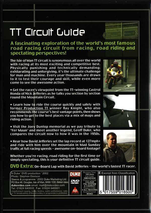 Motorsport DVD cover for TT Circuit Guide, green/black layout with DVD and Duke logo