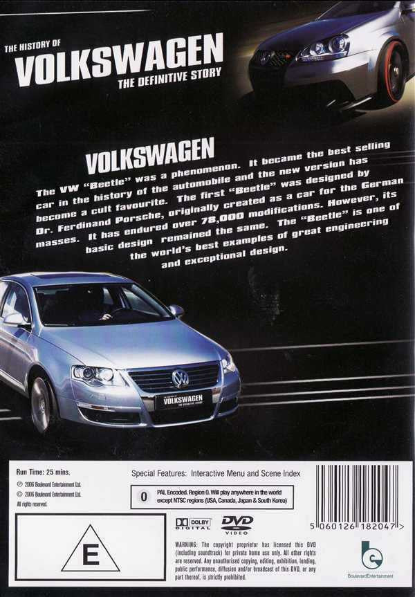 Volkswagen history DVD back cover with car photo and synopsis text layout