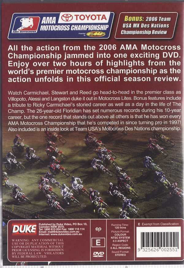 Motocross season highlights DVD back cover with AMA Toyota branding and rider action