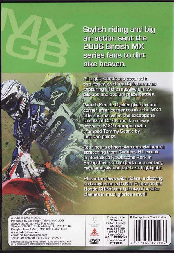 Motocross championship DVD back cover with text panels, barcode, and rider illustration