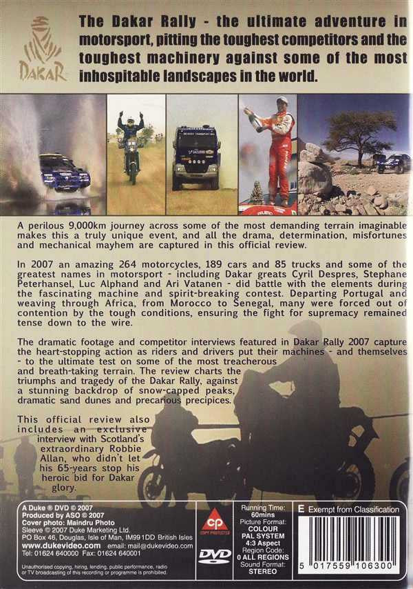 Dakar Rally DVD case with logo, multiple photo panels and barcode on cover