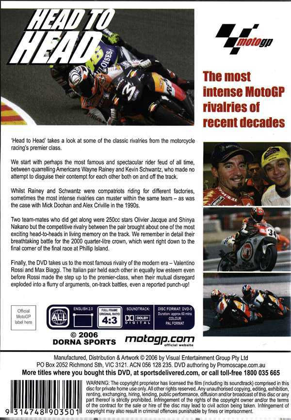 MotoGP Head To Head DVD back cover with racing photos and product description text