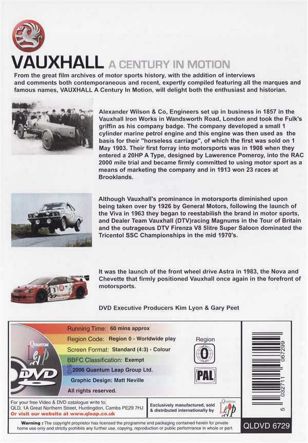 Vauxhall A Century in Motion DVD back cover with synopsis, specs, and barcode