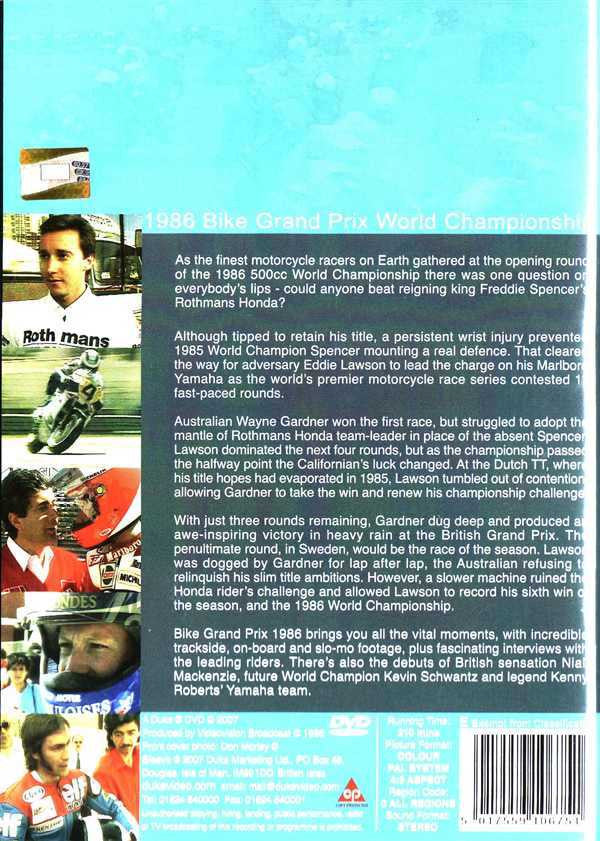 Motorcycle racing DVD case back cover with text columns and barcode