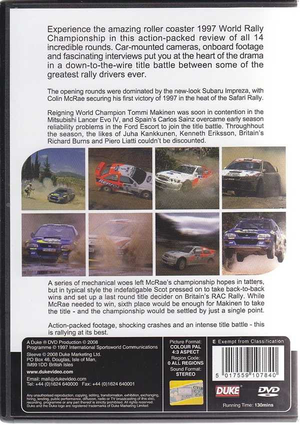 Rally racing DVD case back with multiple car photos and detailed race description