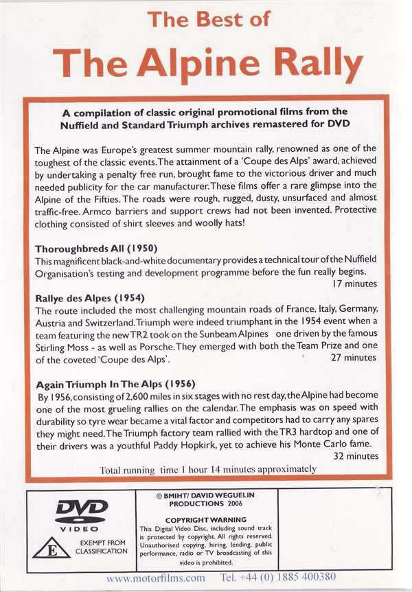 Alpine Rally DVD back cover with film synopsis and DVD info text