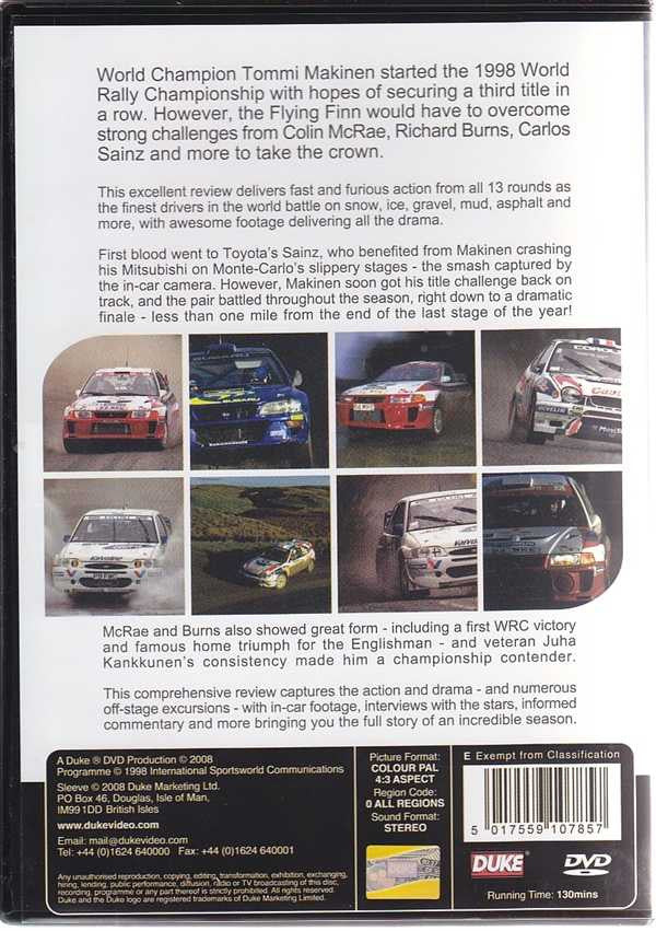 Rally DVD case back with race car photos, track description, and barcode label