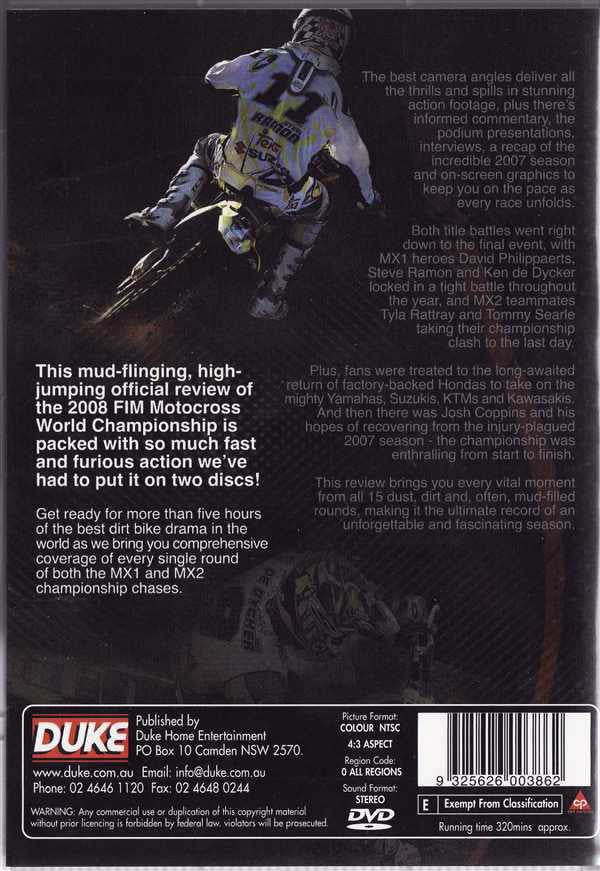 Motocross DVD back cover with action rider in gear and barcode label details