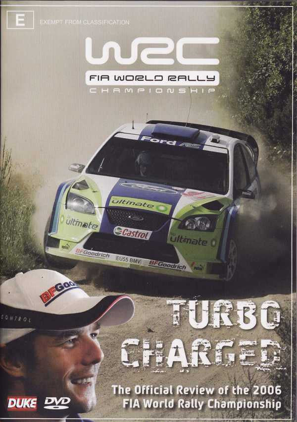 Rally Championship DVD cover with turbo-charged title, rally car and driver