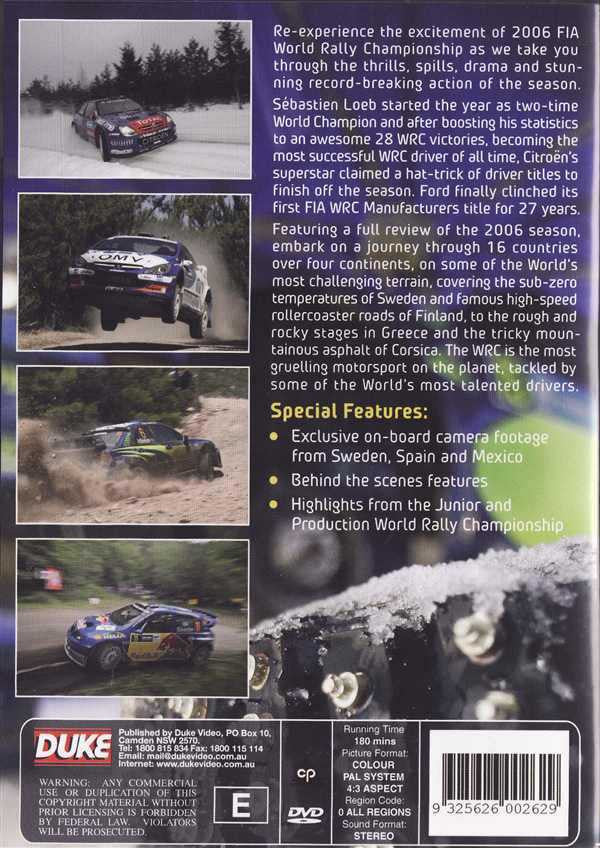 Rally Championship DVD back cover with barcode, feature list, and rally car photos