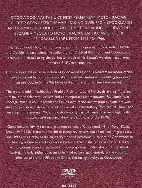 Goodwood Motor Racing Story DVD case back, burgundy with text and DVD logo