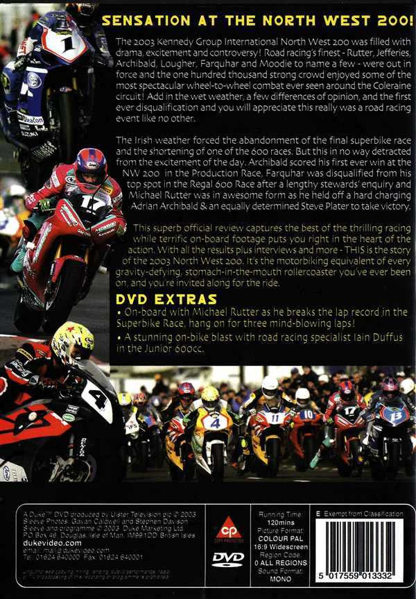 NW 200 DVD back cover with racing motorcycles, description text, extras list, and barcode