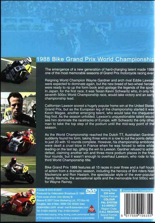 Motorcycle racing DVD back cover with printed synopsis and small bike photos