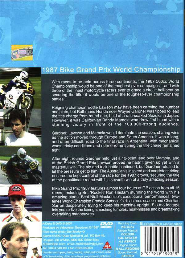 Bike Grand Prix 1987 DVD back cover with race scenes and detailed description text