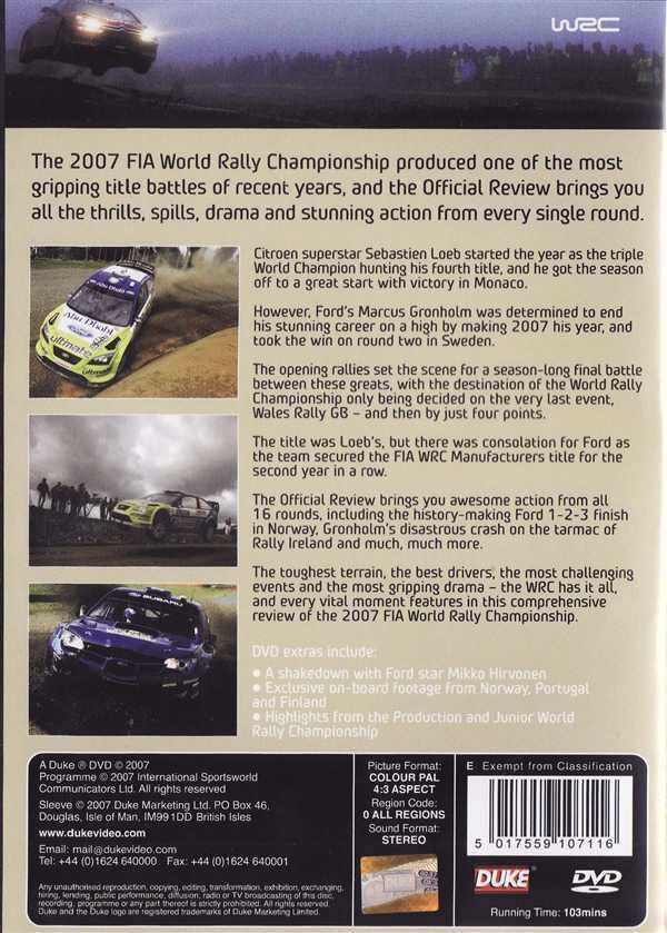 Rally DVD case back cover with WRC logo, rally car action, barcode and specs