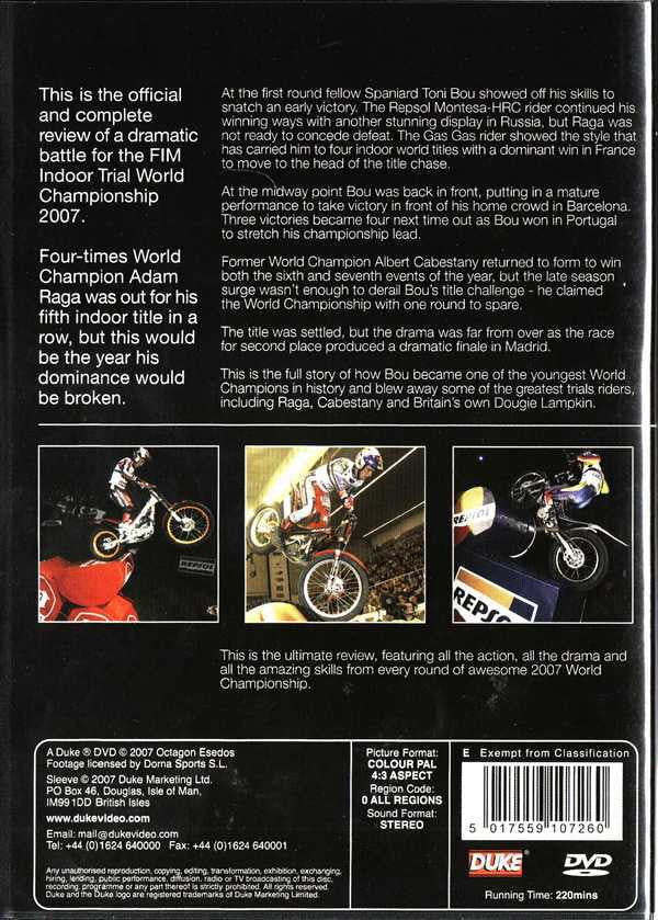 DVD case back cover with trial bike photos and event details, including technical specs